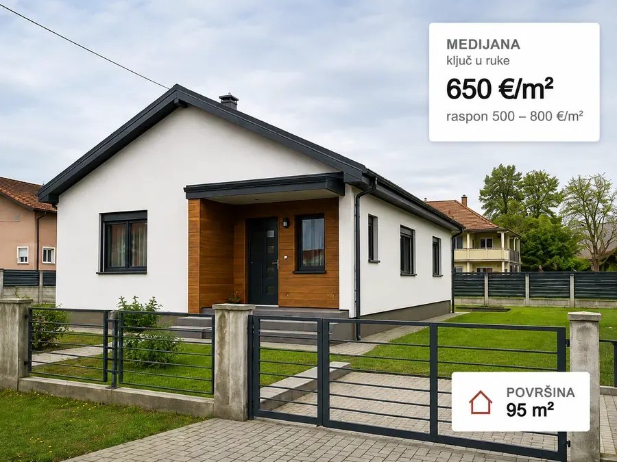 Moderna srpska montažna kuća sa drvenim akcentima oko ulaza, primer formata 95 m² ključ u ruke.