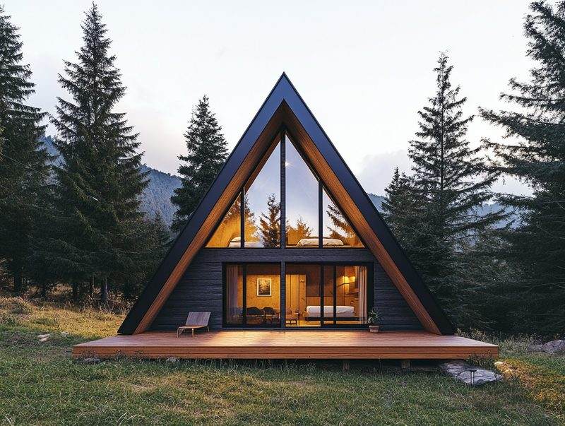 A-frame montažna kuća sa kosim krovom do zemlje, primer vikendice ~45 m²